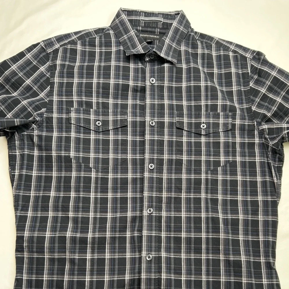 Banana Republic Mens Short Sleeve Plaid Button Down Shirt Black Large Stretch